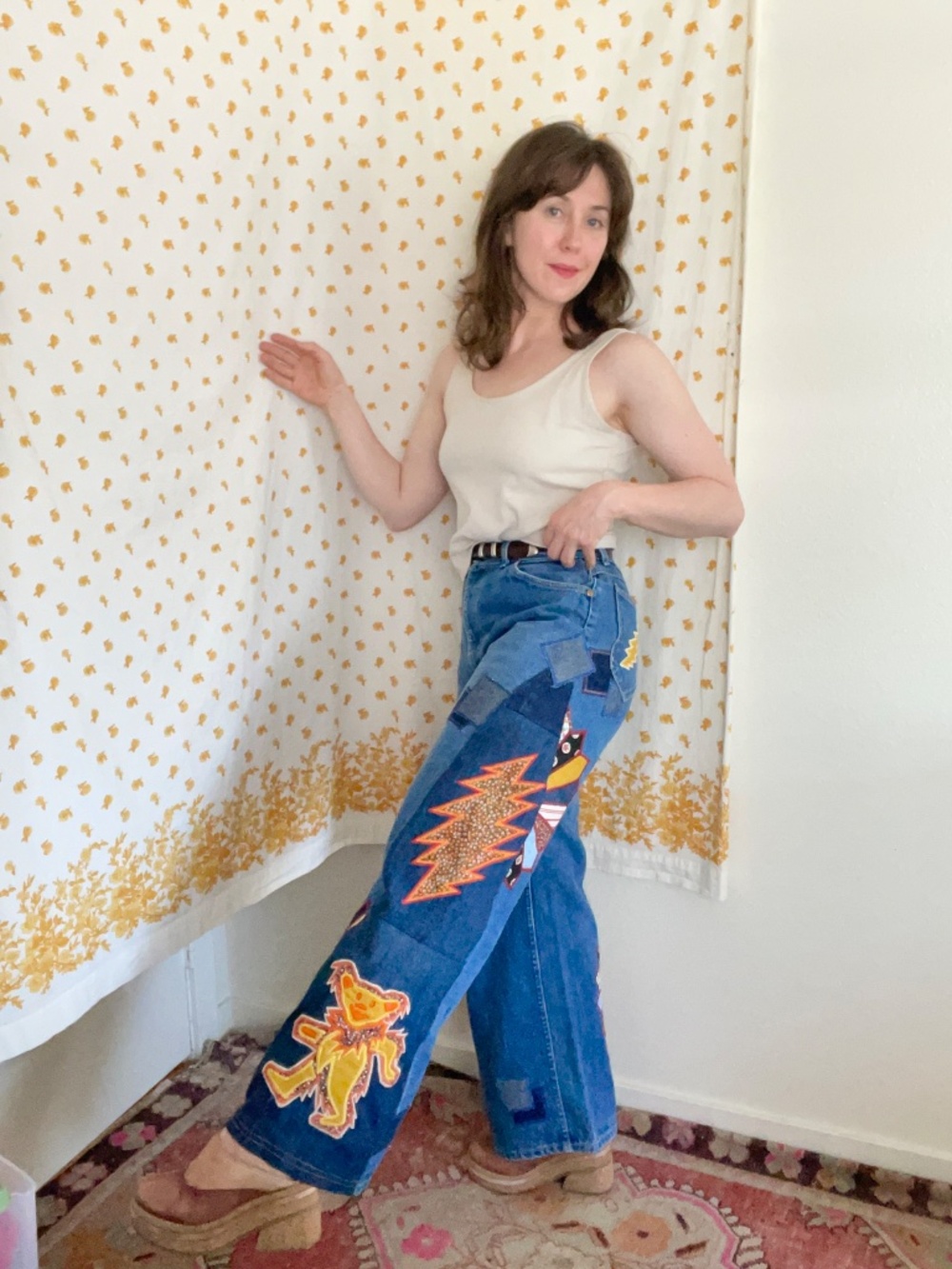 Vintage Lee Upcycled Patchwork Jeans 12P OOAK 70s Hippie Wide Leg - Picture 12 of 12